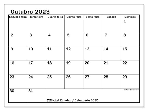 Calendário Outubro 2023 “50”. Calendário gratuito para imprimir.. Segunda a domingo