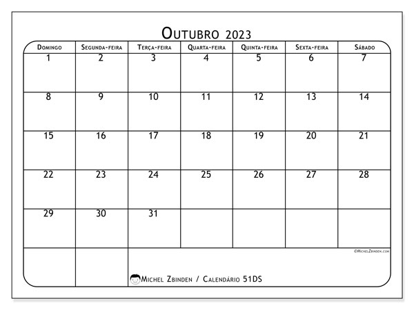 Calendário Outubro 2023 “51”. Horário gratuito para impressão.. Domingo a Sábado