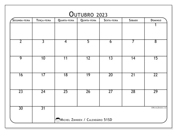 Calendário Outubro 2023 “51”. Horário gratuito para impressão.. Segunda a domingo