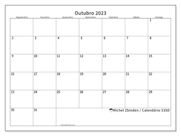 Calendário Outubro 2023 “53”. Calendário gratuito para imprimir.. Segunda a domingo