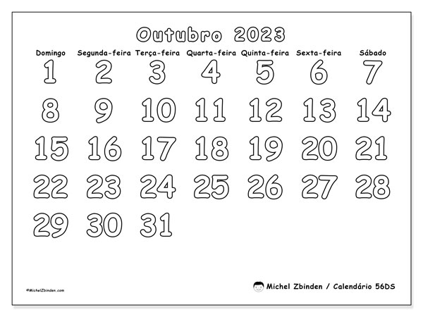 Calendário Outubro 2023 “56”. Mapa gratuito para impressão.. Domingo a Sábado