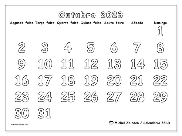 Calendário para imprimir, outubro 2023, 56SD