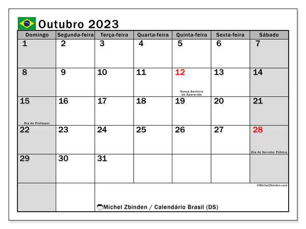 Calendario octubre 2023, Brasil (PT). Programa para imprimir gratis.