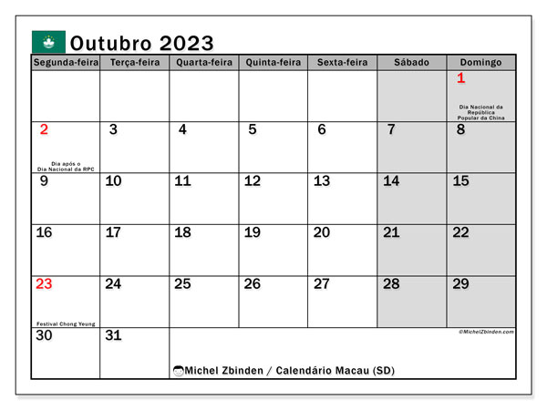 Kalender Oktober 2023, Macau (PT). Programm zum Ausdrucken kostenlos.
