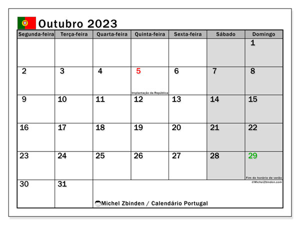 Kalender oktober 2023, Portugal (PT). Gratis kalender til print.