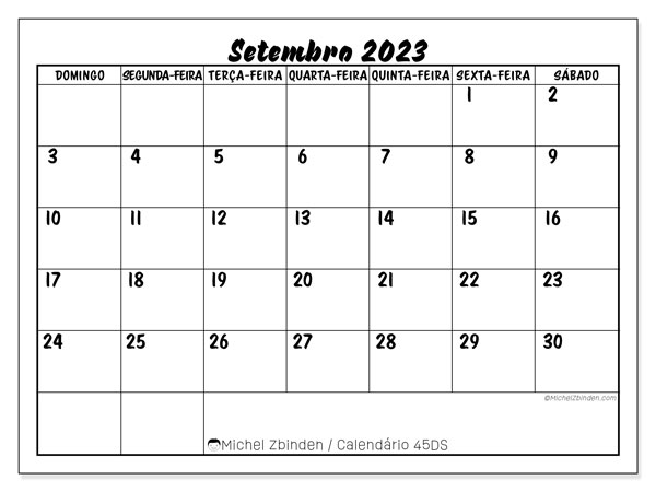45DS, calendário de setembro de 2023, para impressão, grátis.
