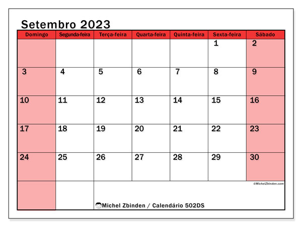 Calendário Setembro 2023, 502DS. Programa gratuito para impressão.