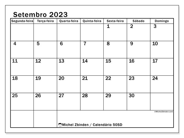 Calendário Setembro 2023, 50SD. Programa gratuito para impressão.