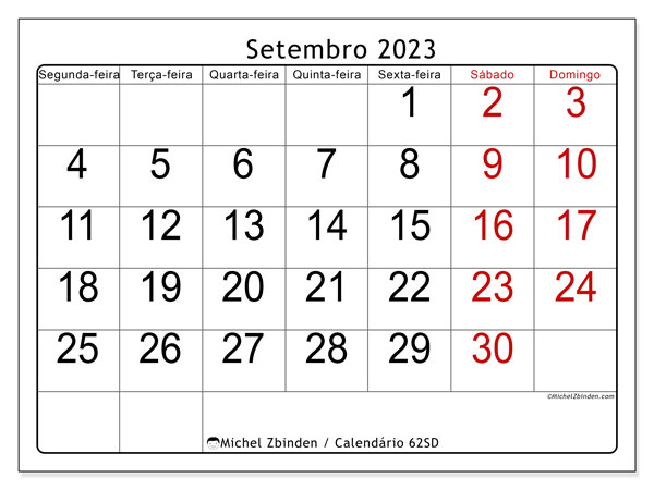Calendário Setembro 2023, 62SD. Programa gratuito para impressão.
