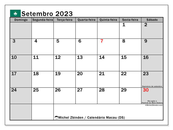 Macau (DS), Setembro de 2023 calendário, para impressão, grátis.