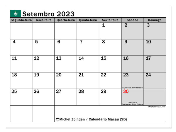 Kalenteri syyskuu 2023, Macao (PT). Ilmainen tulostettava aikataulu.