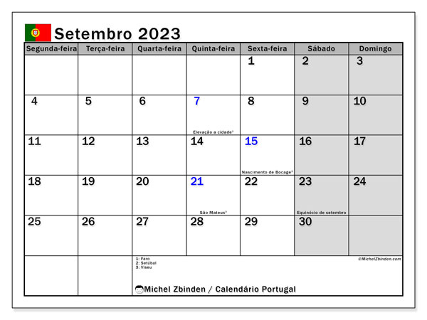 Calendrier septembre 2023, Portugal (PT), prêt à imprimer et gratuit.