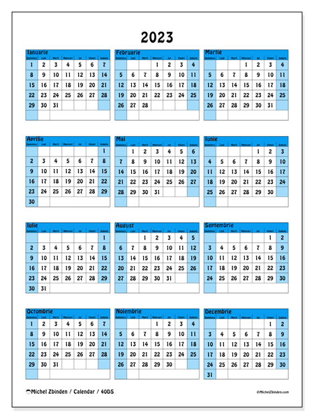Calendrier annuel 2023, 40DS. Calendar pentru imprimare gratuit.