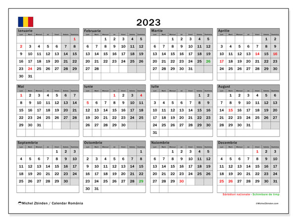Calendrier annuels 2023, Roumanie (RO), prêt à imprimer et gratuit.