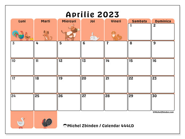 Calendar pentru imprimare, aprilie 2023, 444LD