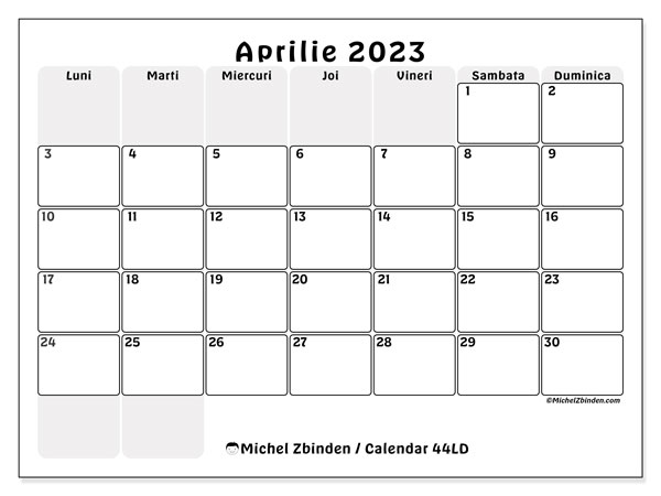 Calendar pentru imprimare, aprilie 2023, 44LD