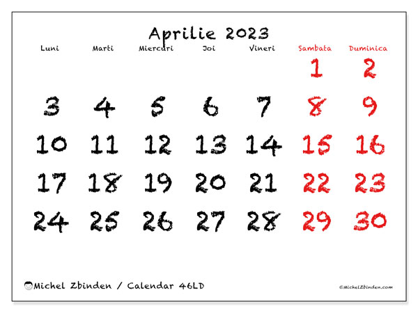 Calendar pentru imprimare, aprilie 2023, 46LD