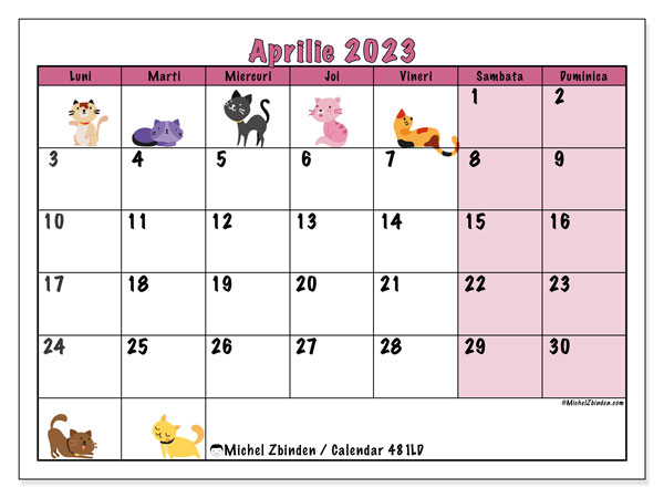 Calendar pentru imprimare, aprilie 2023, 481LD