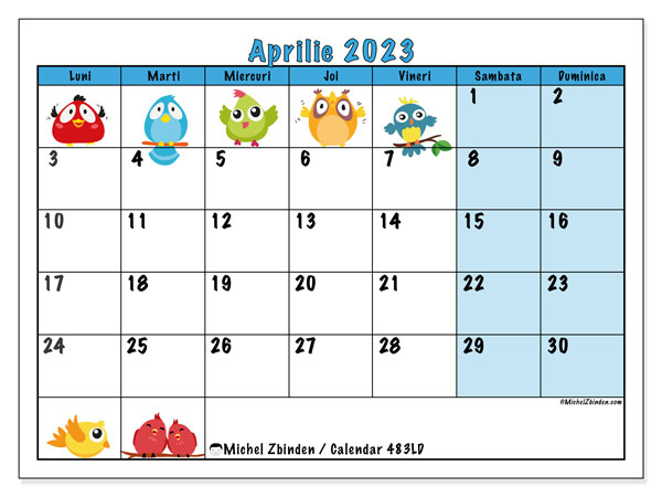 Calendar aprilie 2023 pentru imprimare. Calendarul lunar “483LD” și orarul gratuit de tipărit