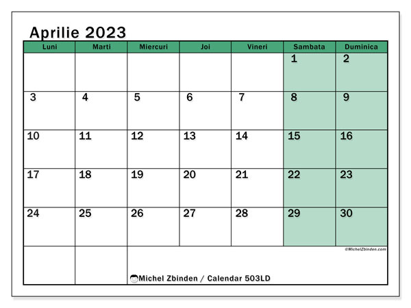 Calendar pentru imprimare, aprilie 2023, 503LD