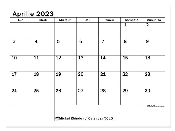Calendar aprilie 2023 pentru imprimare. Calendarul lunar “50LD” și programa imprimabil gratuit