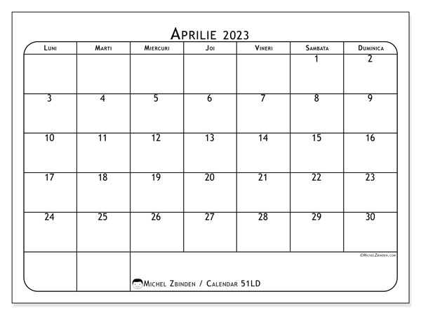 Calendar pentru imprimare, aprilie 2023, 51LD