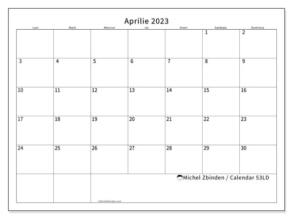 Calendar aprilie 2023 pentru imprimare. Calendarul lunar “53LD” și orarul gratuit de tipărit