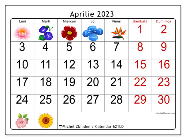 Calendar aprilie 2023 pentru imprimare. Calendarul lunar “621LD” și jurnal imprimabil gratuit