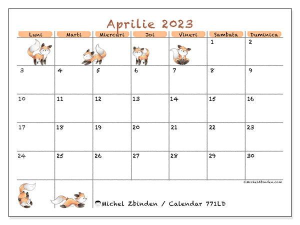 Calendar pentru imprimare, aprilie 2023, 771LD