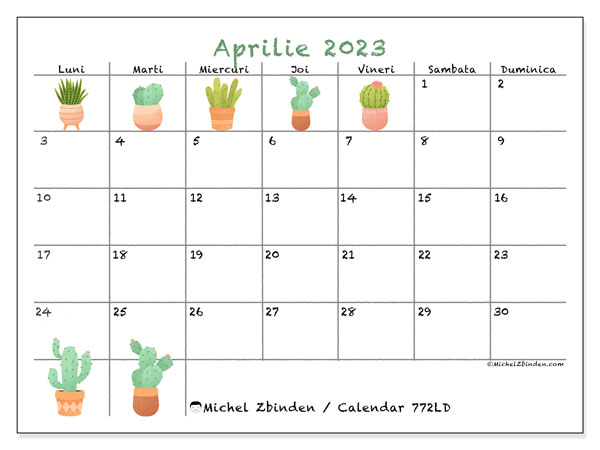 Calendar pentru imprimare, aprilie 2023, 772LD