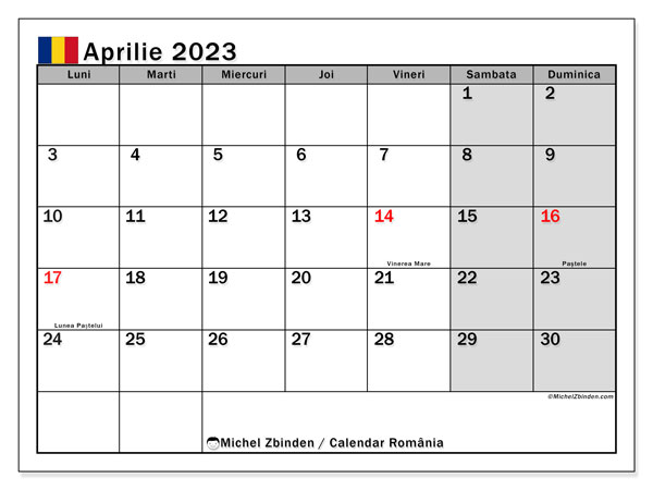 Calendrier avril 2023, Roumanie (RO), prêt à imprimer et gratuit.