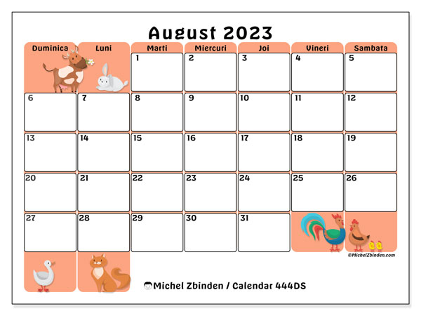Calendar august 2023, 444DS. Program imprimabil gratuit.
