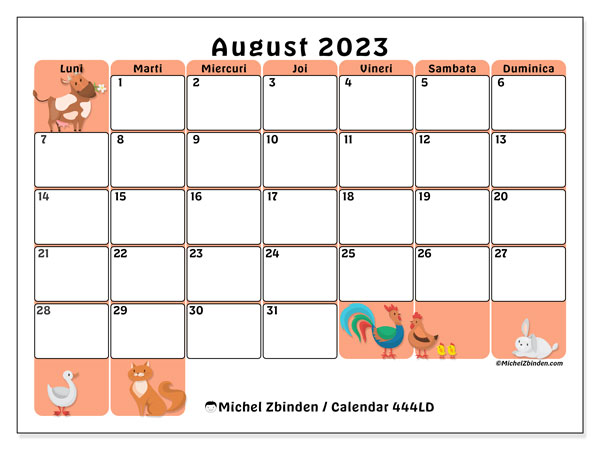 Calendar august 2023, 444LD. Program imprimabil gratuit.