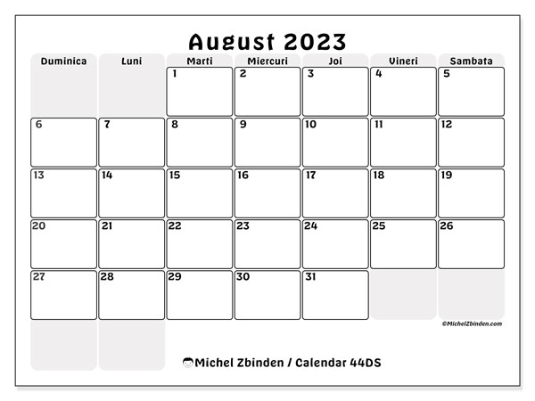Calendar august 2023, 44DS. Program imprimabil gratuit.