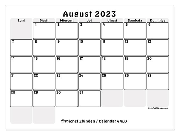 Calendar pentru imprimare, august 2023, 44LD