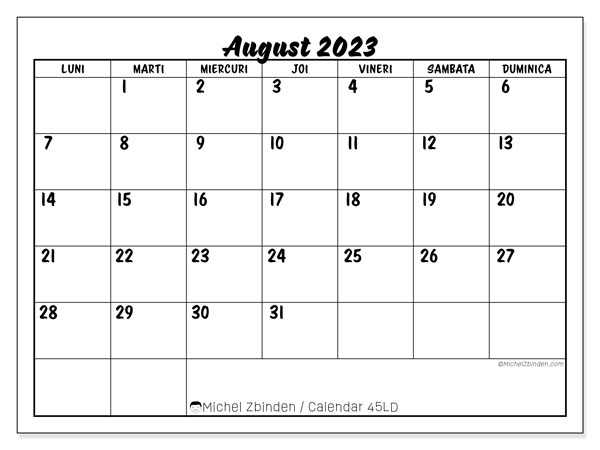 Calendar august 2023, 45LD. Calendar pentru imprimare gratuit.