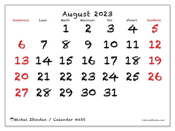 Calendar august 2023, 46DS. Calendar pentru imprimare gratuit.