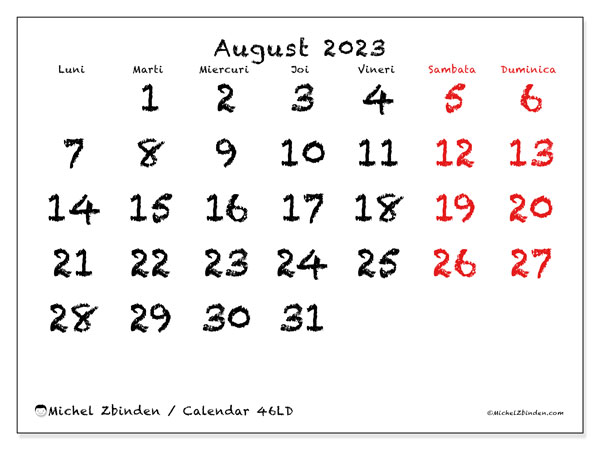 Calendar august 2023, 46LD. Program imprimabil gratuit.