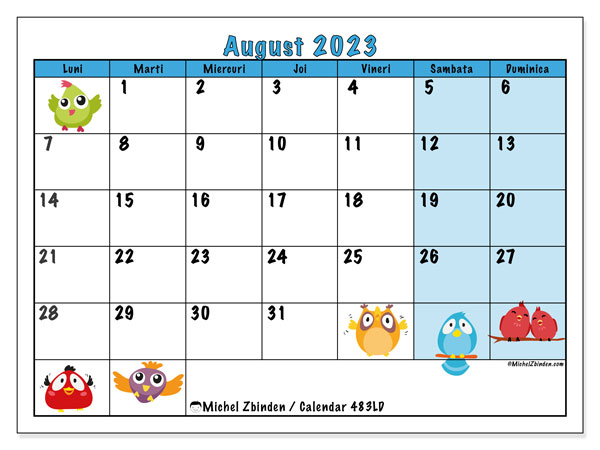 Calendar august 2023, 483LD. Program imprimabil gratuit.