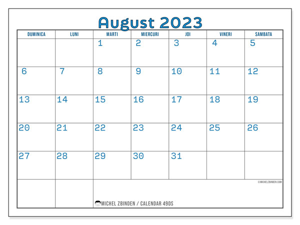 Calendar august 2023, 49DS. Program imprimabil gratuit.