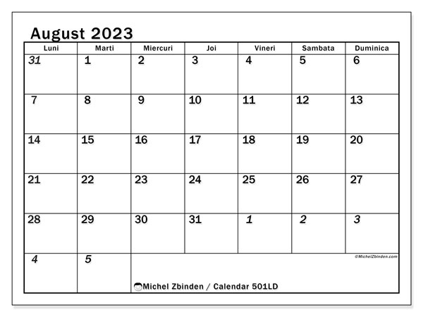 Calendar august 2023, 501LD. Program imprimabil gratuit.
