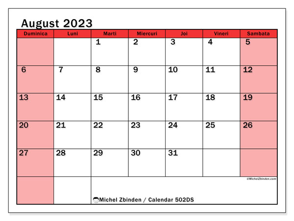 Calendar august 2023, 502DS. Program imprimabil gratuit.