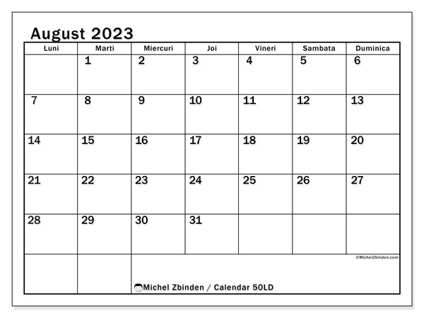 Calendar august 2023, 50LD. Calendar pentru imprimare gratuit.
