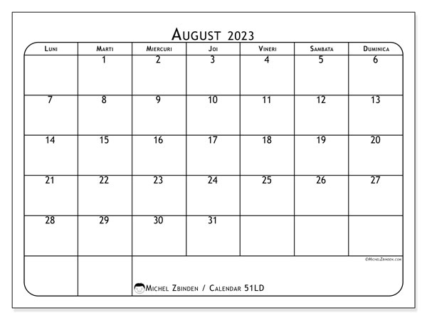 Calendar pentru imprimare, august 2023, 51LD
