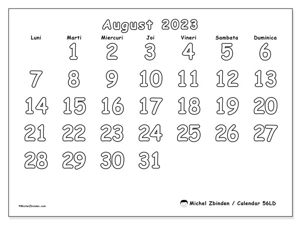 Calendar august 2023, 56LD. Program imprimabil gratuit.