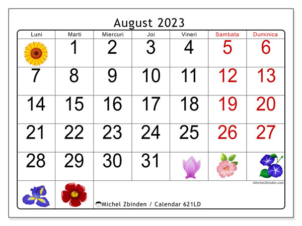 Calendar august 2023, 621LD. Program imprimabil gratuit.