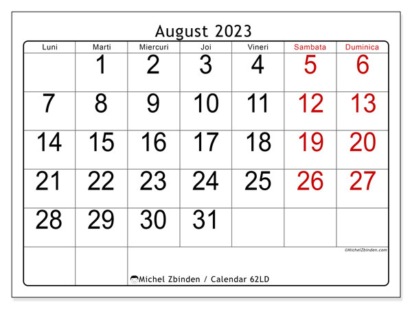Calendar pentru imprimare, august 2023, 62LD