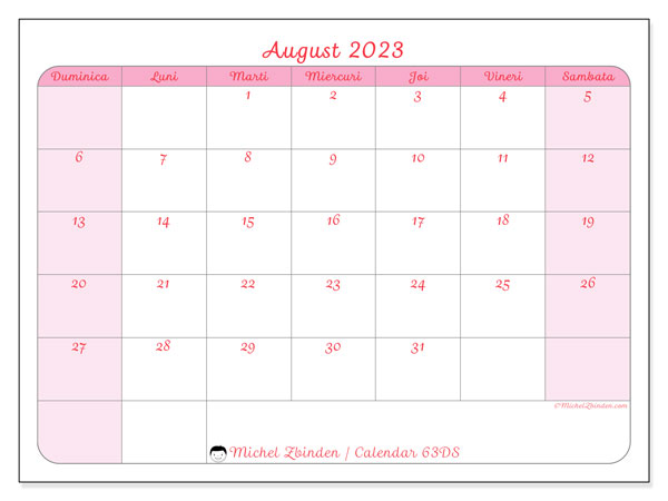 Calendar august 2023, 63DS. Calendar pentru imprimare gratuit.