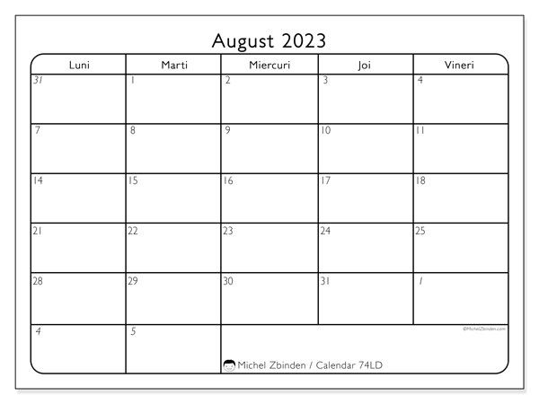 Calendar august 2023, 74LD. Program imprimabil gratuit.