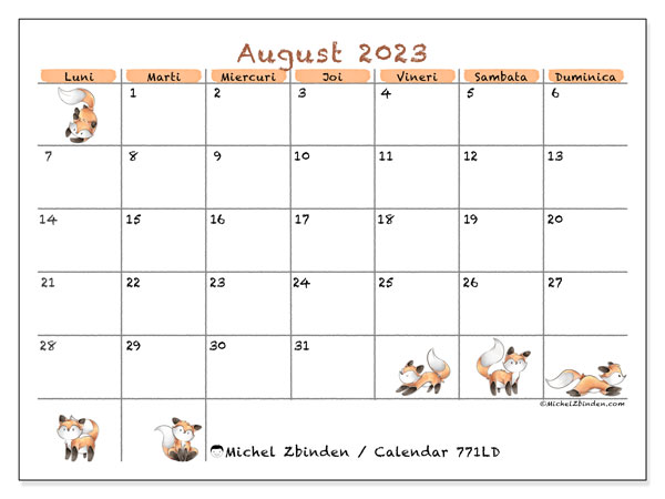 Calendar august 2023, 771LD. Program imprimabil gratuit.